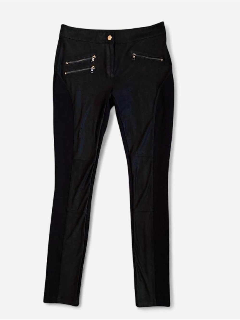 BCBG faux leather black leggings with zipper details. Size: S